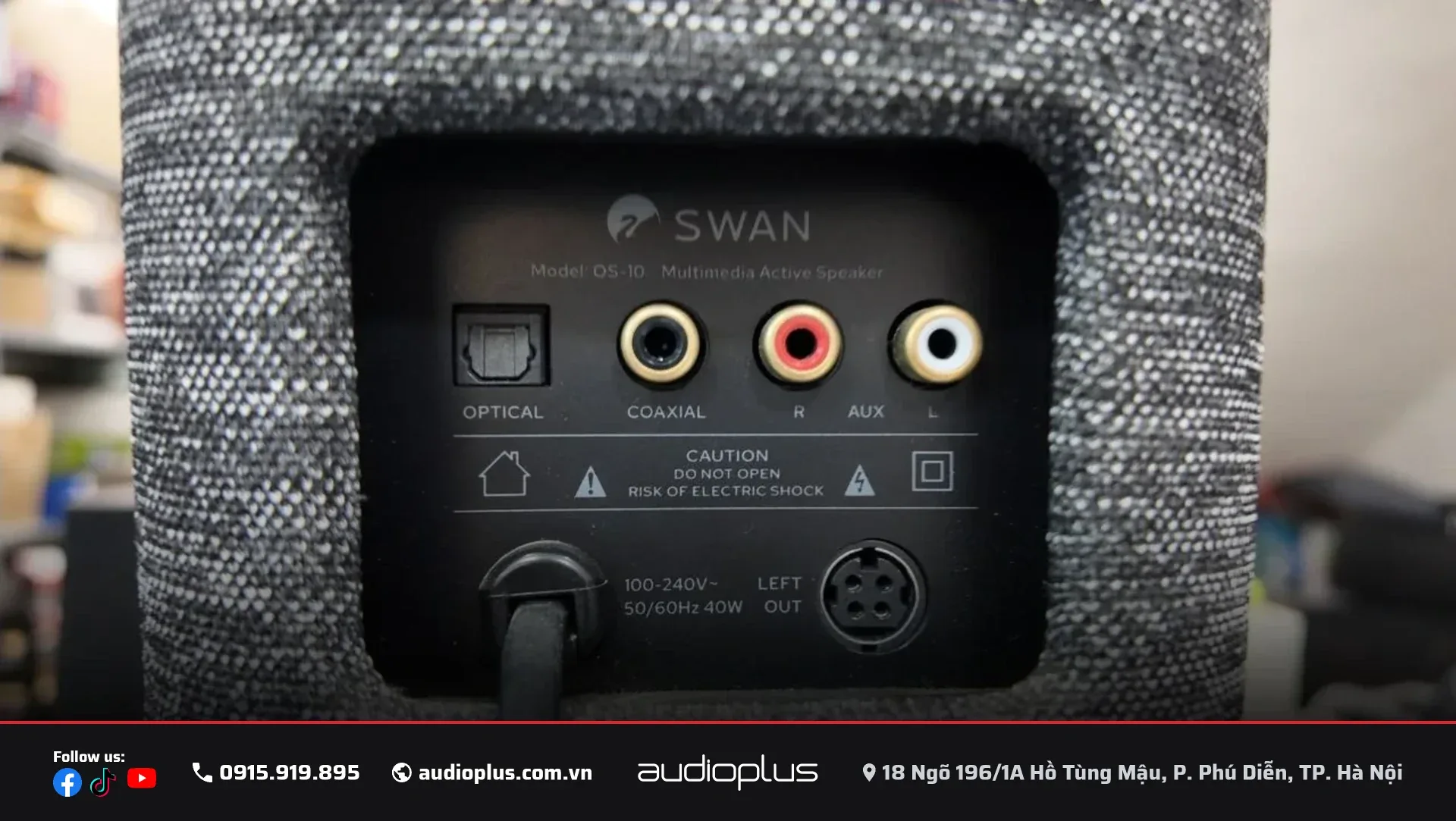 Mặt sau loa SWAN OS-10 với các ngõ Optical, Coaxial, RCA, nguồn và cổng DIN 4 chân nối sang loa còn lại.