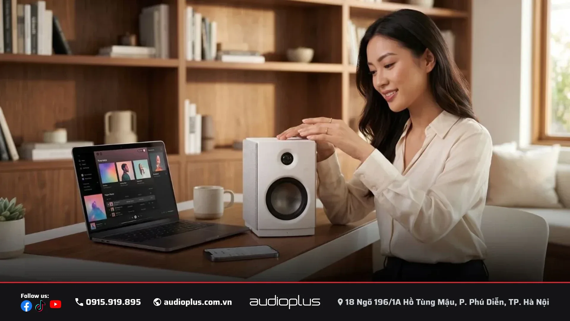 Panel cảm ứng trên đỉnh loa SWAN OS-10 màu trắng đặt cạnh laptop.