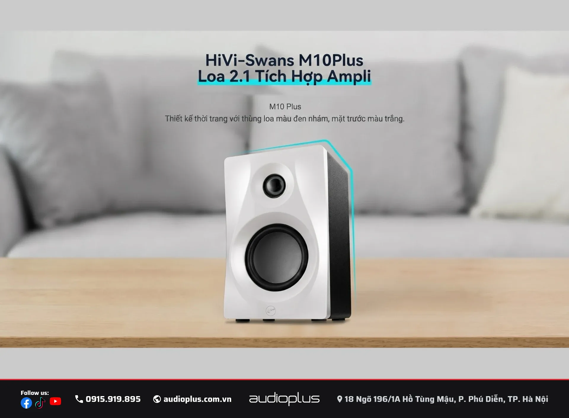 Loa vệ tinh SWAN M10 Plus màu trắng đặt trên kệ, hệ 2.1 tích hợp ampli