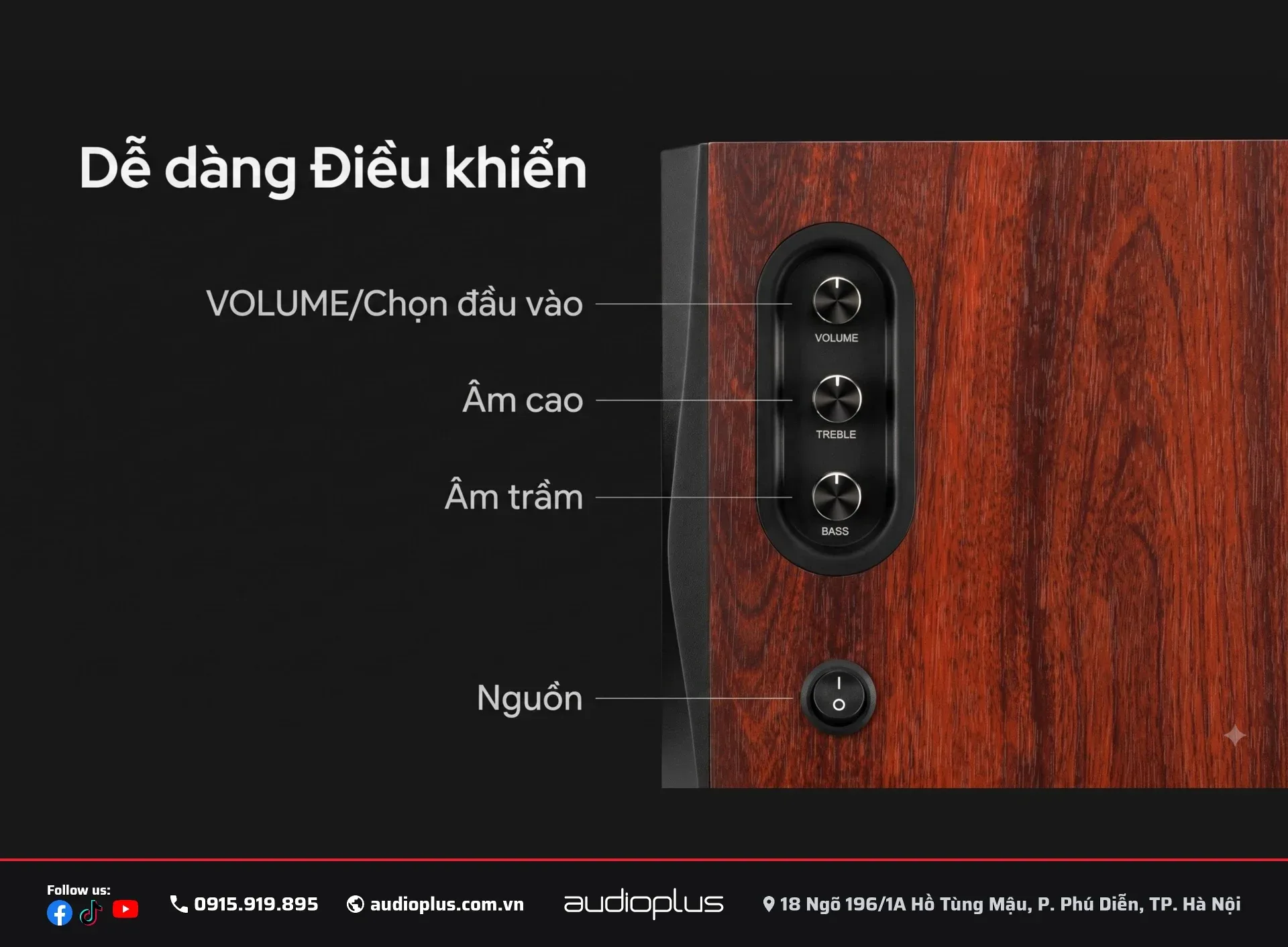 Núm vặn volume, treble, bass cạnh loa SWAN D1100