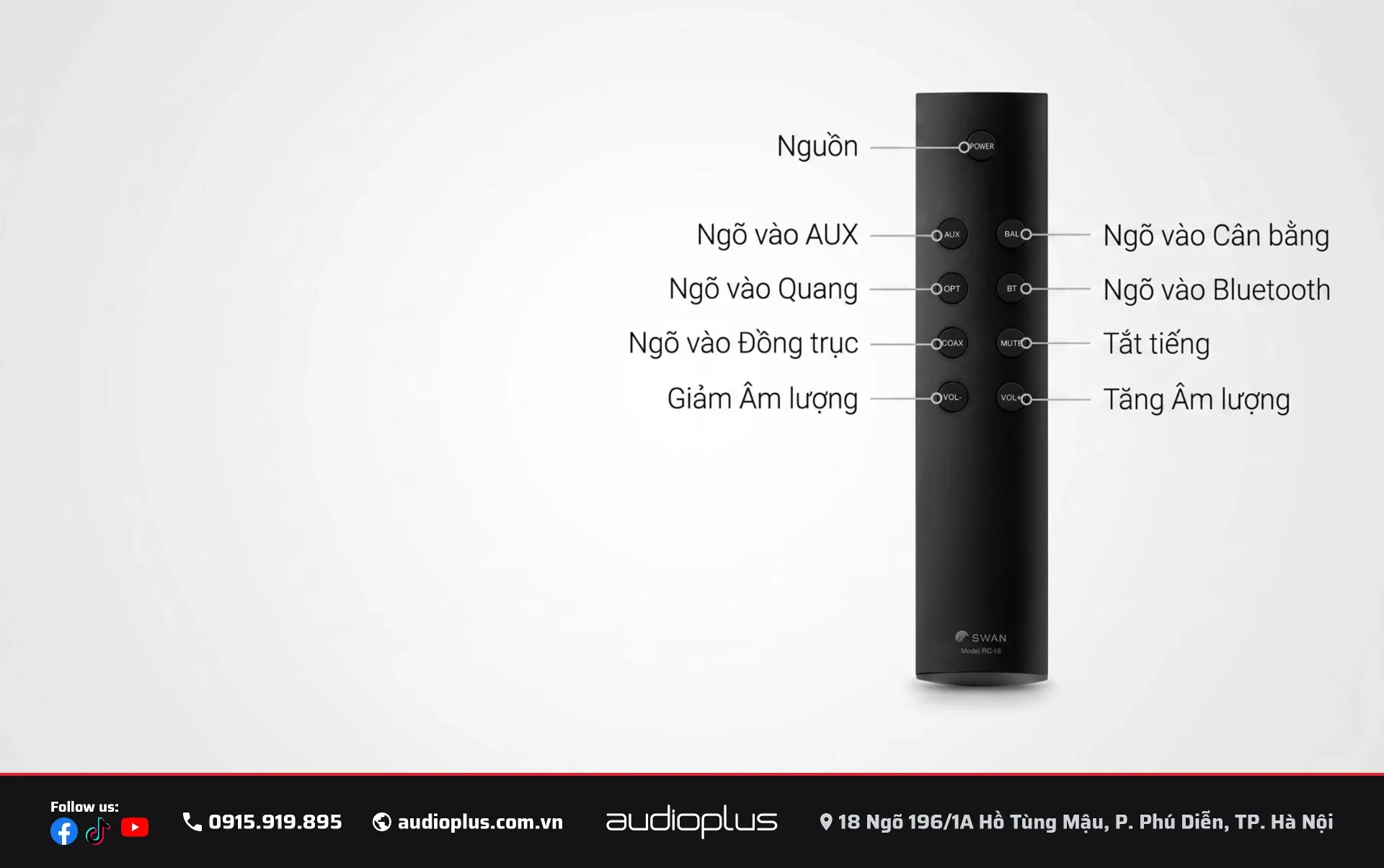 Remote điều khiển đầy đủ chức năng của SWAN Dazzle Prime — nguồn, ngõ vào, âm lượng