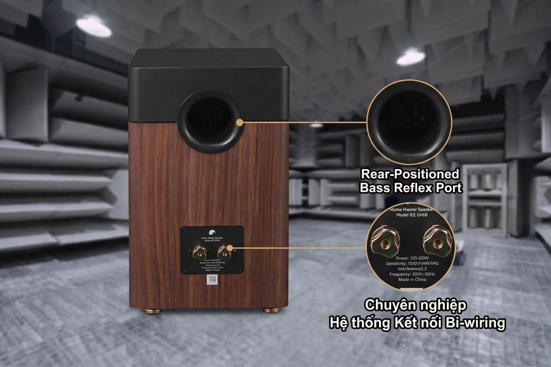 Cổng bass reflex sau và ngõ kết nối bi-wiring của SWAN M200 NEO