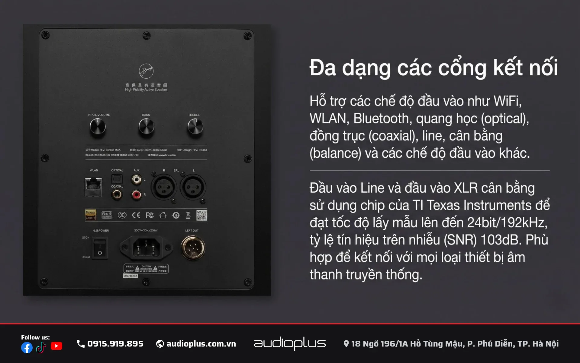 Cong ket noi mat sau SWAN M5A: Optical, Coaxial, Balanced XLR, Line